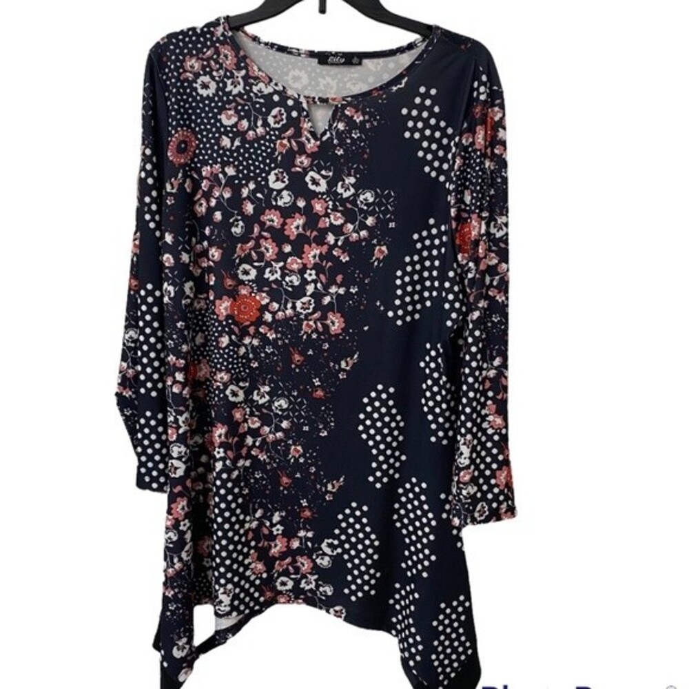 Lily by Firmiana Tunic Top Floral Multicolor Large Asymmetrical Long Sleeve